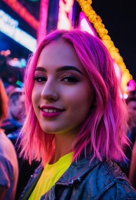 score_9, score_8_up, score_7_up, score_6_up, beautiful 19 year old girl, colored hair, neon lights, rave, rave clothing, crowd, nighttime, dusk, smiling, ultra realistic, big lips, (masterpiece, best quality, highres:1.2), (photorealistic:1.2),
