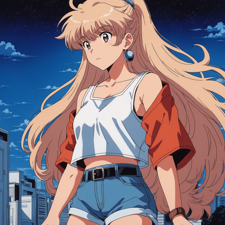 80's anime screencap, girl wearing a cropped top and short shorts, artistic rendition with wide brush strokes, anime comic