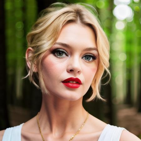 closeup photography, sexy BB<lora:BB:1>, short hair, blonde hair, make up, red lips, nature background, casual dressing, looking at viewer, hyperealistic