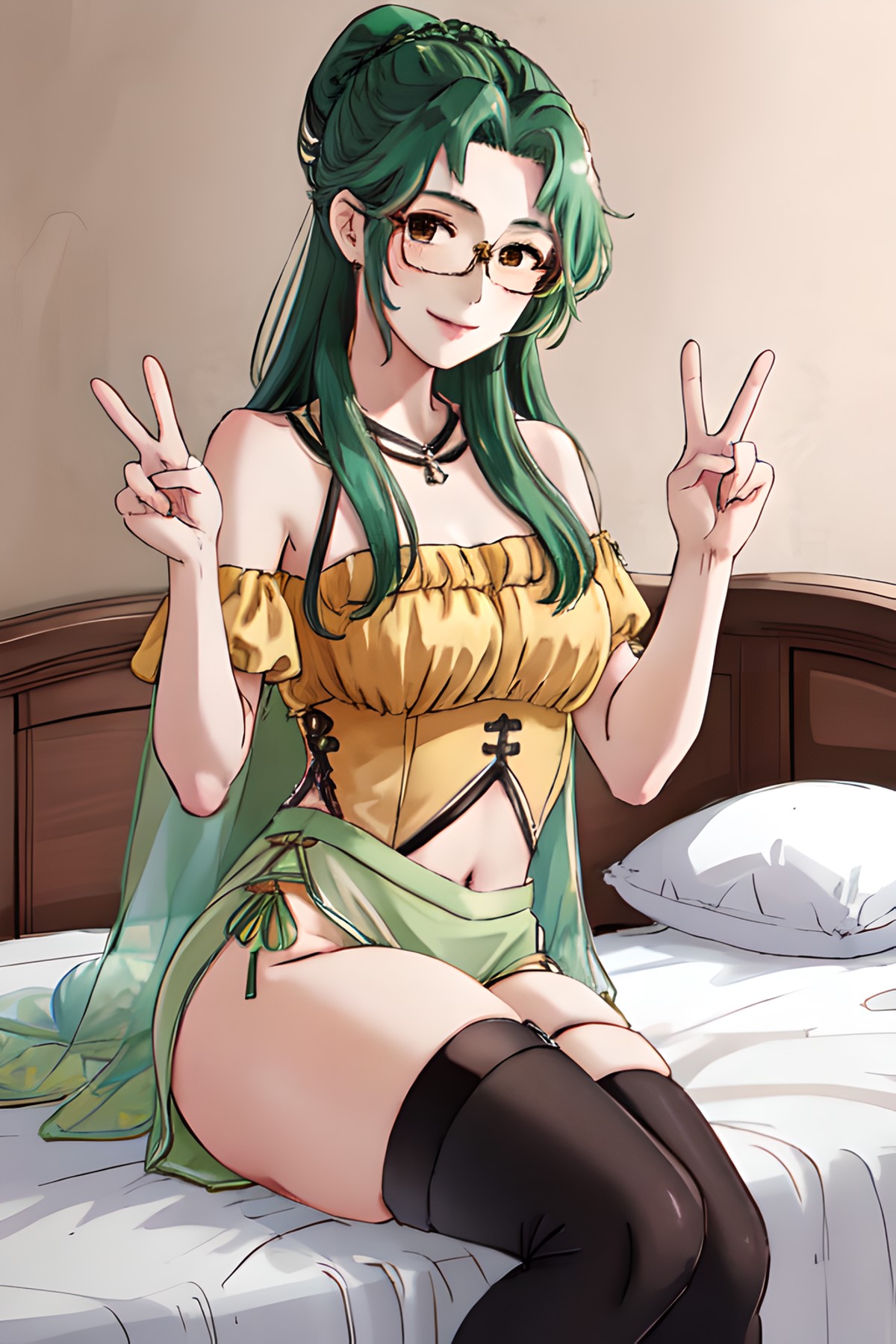 masterpiece, <lora:elincia-10:0.8>, elincia fe, 1girl, solo, looking at viewer, bedroom background, sitting, peace sign, t...