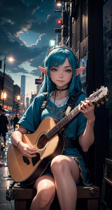 masterpiece, best quality, the cloud elf queen busks on the streets of new york, casual, sitting, playing guitar, dark moody lighting, night sky, night, starry sky, glittering, dark, (smile:0.8)