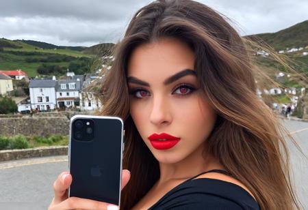 slogmclsfft 1girl solo holding phone, ass focus, mixed media, parted lips 24 year old, gigantic breasts, Brunette pointy hair, St Helenian real world location, red eyes, fair skinned, best quality, RAW photo, subject, 8k uhd, high quality, photorealistic, premium, Eye-level shot <lora:slogmclsfXLrd:0.7>