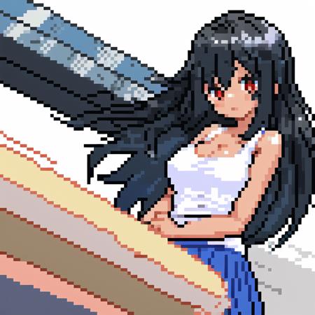 pixel art, 1girl, large breasts, black hair, long hair, dark skin, red eyes, from below, blue skirt, white tank top