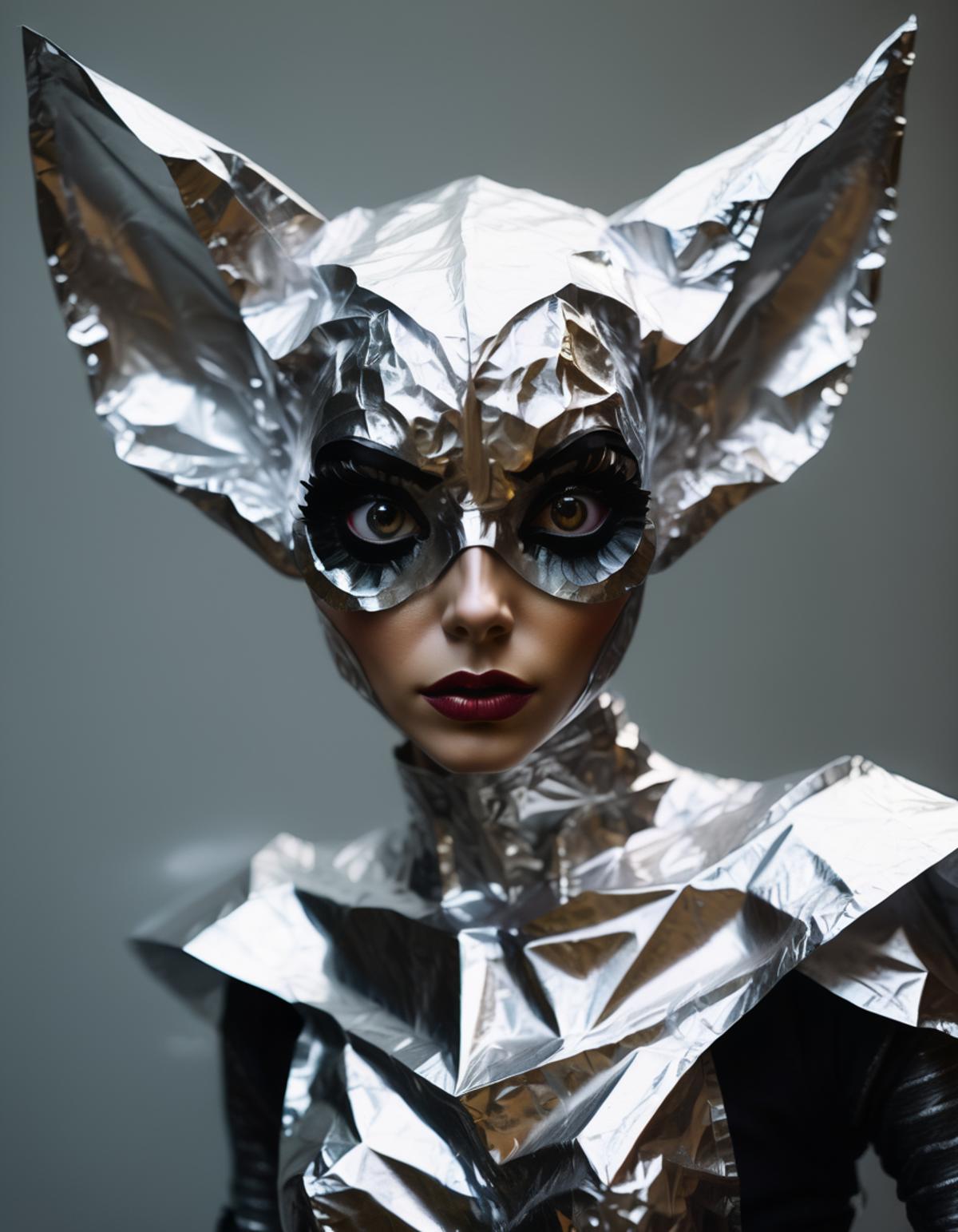Woman wearing a silver mask and black clothing