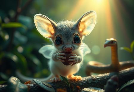 furry little translucent mammal in a rain forest zoomed in, rainbow of light reflection off dew, green and vivid colors, wild fog, large eyes, transparent body, invisible like a jelly fish, huge ears, cute, adorable, eating a nut, fungal hair, see through, wings, amazing atmosphere, snake in background, mystical realm, floating orbs of light