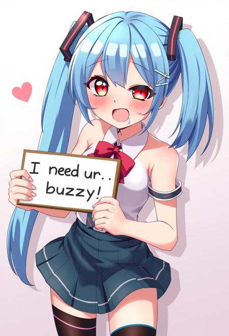 anime style, full body size, mature vocaloid, hatsute miku, skirt, stocking, busty, simple background, playful, ((wet tongue out)), drooling, heart shaped eyes, holding sign with a text "I need ur buzzy", funny pose