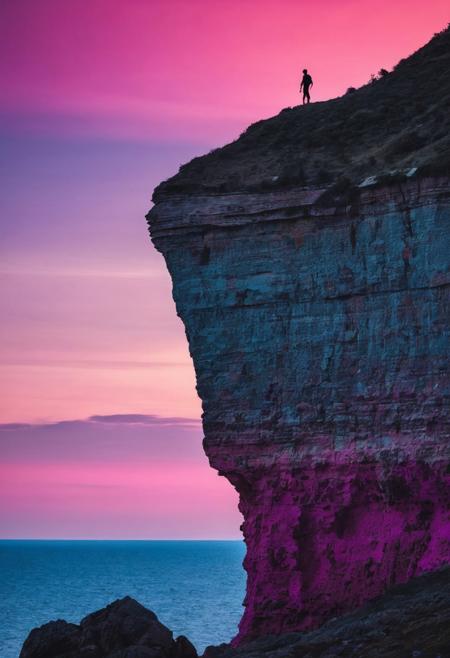 Alien Cliff with Gradient Sky and Standing Silhouette: Shoot with a Sony A7 III and a 50mm f/1.8 lens. Frame an alien cliffside landscape with a sky that features a seamless gradient from a vivid magenta to a deep azure. Include a small silhouette figure on the cliff, creating a striking contrast against the fantastical gradient sky.