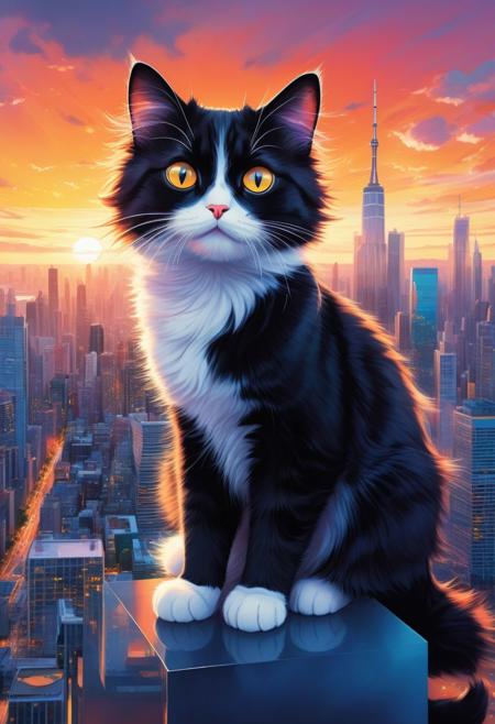 A captivating illustration masterpiece of a ((cute cat)) with (((huge))) ((oversized)) ((manga-style eyes)), feline is gazing very longingly into the camera lens. The cat's fluffy fur contrasts with its sleek black attire, and it sits on a transparent cloud, as if levitating above the ground. The background showcases a vibrant cityscape with towering skyscrapers and a dramatic sunset, creating a delightful mix of urban and whimsical elements, from above