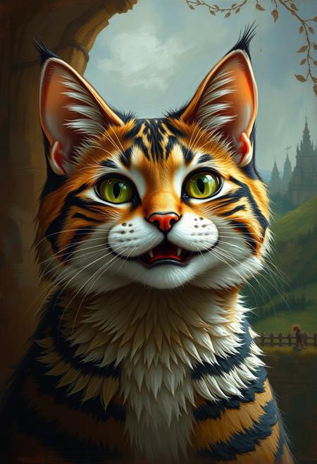 of a smiling cat, oil painting art style from Renaissance period, masterful composition, Renaissance mood, renaissance oil painting, brush strokes, Fantasy illustration style, transports viewers to imaginative worlds, epic landscape, and heroic adventures, sparks wonder and inspiration