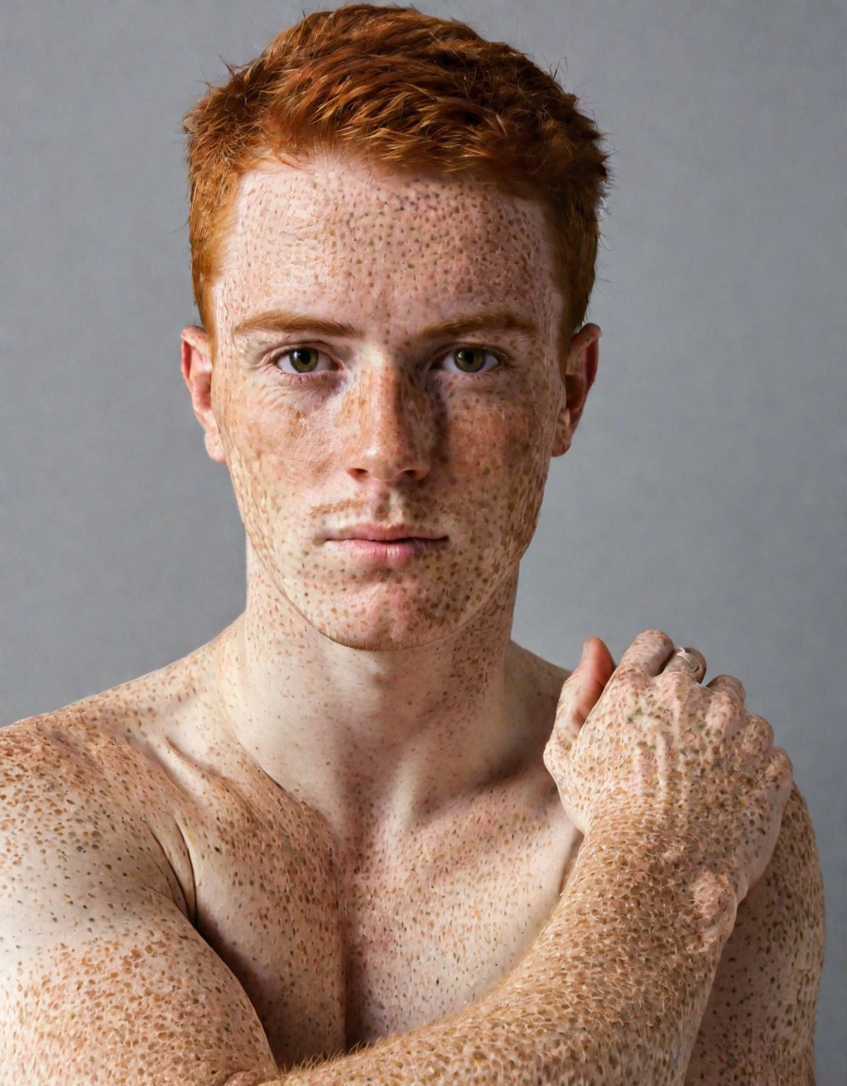<lora:90B28AE8F5:1> Red-haired man with a extreme amount of freckles over the face and body natural skin texture resting o...