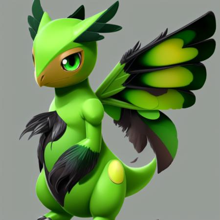 solo, looking at viewer, simple background, closed mouth, green eyes, standing, tail, full body, wings, pokemon (creature), no humans, black background, claws, animal focus <lora:babie_dragon:0.5>