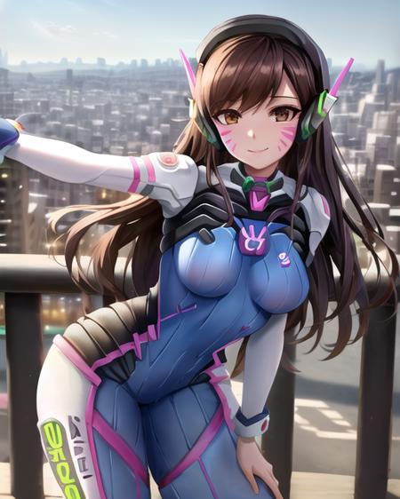 best quality, 1girl, adult, brown hair, brown eyes, smile, standing, dynamic pose, outdoors, city background, corneo_dva