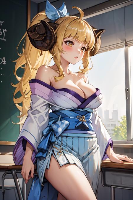 masterpiece, (detailed, highres, best quality), 1girl, <lora:spgbfAnila:0.9>, anilany, cleavage, kimono, wide sleeves, sash, obi, hair ribbon, chair, chalkboard, classroom, curtains, desk, indoors, school chair, school desk