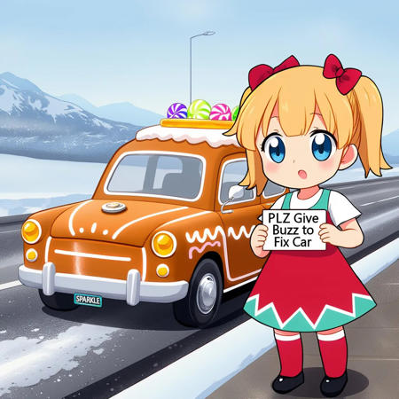 the image is an anime screencap of a whimsically decorated Cartoonish gingerbread car pulled on the shoulder to the side of the highway, it looks like a broken down Fiat 126 with flat tire, with colorful candy and frosting accents.

prominently featured close in a three-quarters shot in the foreground of the image on the right side is a chibi tsundere girl with big blue eyes and blonde twintails wearing a santa dress with a teal triangle geometric border, red zettai ryouki thighhigh socks, standing in front of the candy car on the side of the highway in winter, she is holding sign that says "PLZ Give buzz to fix car"