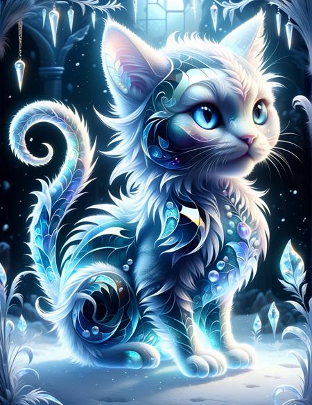 <lora:SDXLFrosted:1> FrostedStyle, high quality digital art of an adorable cat|dragon, fantasy, hybrid creature, transparent glass fangs