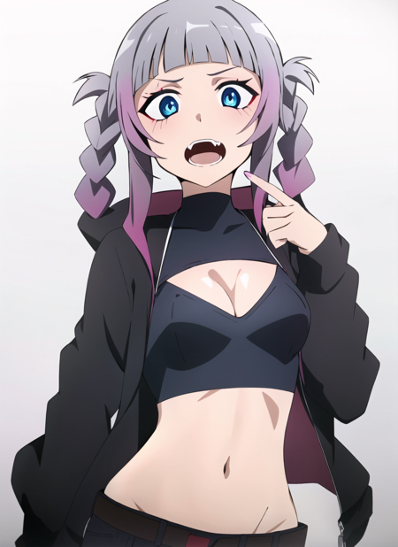 sao anime style <lora:sao_anime_style_offset:1>,  nanakusa nazuna, 1girl, bangs, black background, black jacket, black shirt, black shorts, blue eyes, blunt bangs, breasts, cleavage cutout, clothing cutout, crop top, eyeshadow, fangs, gradient hair, grey hair, hair rings, jacket, light purple hair, looking at viewer, makeup, multicolored hair, navel, open mouth, red eyeshadow, shirt, shorts, sleeveless, sleeveless turtleneck, sleeveless turtleneck crop top, small breasts, solo, stomach, turtleneck, turtleneck crop top, two-tone hair, vampire <lora:nanakusa_nazuna_offset:0.7>