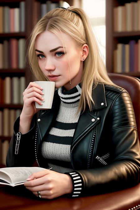 photo of (str4h0vski), a woman in a (leather jacket:1.2), (wearing a striped sweater:1.2), modelshoot style, (extremely detailed CG unity 8k wallpaper), photo of the most beautiful artwork in the world, professional majestic oil painting by Ed Blinkey, Atey Ghailan, Studio Ghibli, by Jeremy Mann, Greg Manchess, Antonio Moro, trending on ArtStation, trending on CGSociety, Intricate, High Detail, Sharp focus, dramatic, photorealistic painting art by midjourney and greg rutkowski, (holding 1 cup of coffee:1.1), (sitting on a chair:1.2), (in a library:1.3), (looking at viewer), (detailed pupils:1.3)