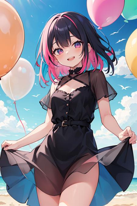 (masterpiece), best quality, high resolution, highly detailed, detailed background, sharp focus, perfect lighting, lens flare, (colorful, vivid color:1.4), 1girl, medium hair, multicolored hair, summer dress, colorful dress, sky, balloon, grin, naughty, open mouth, see-through silhouette,