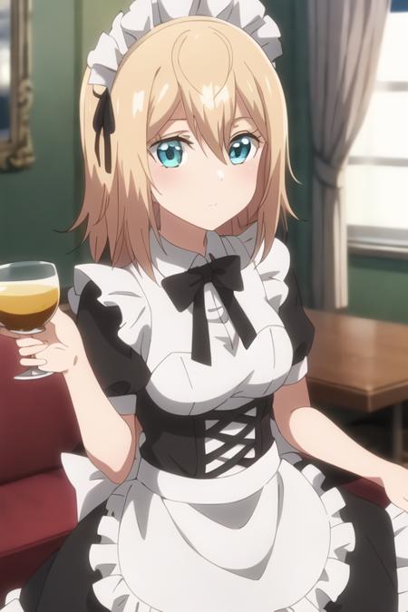 
masterpiece, best quality,1girl,solo,anime screencap, Olivia,blonde hair,aqua eyes,medium hair,maid,maid headdress,<lora:Olivia:0.5>,holding cup, 
