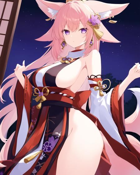 yae_miko 1girl,pinke hair,long hair,fox ears, hair ornament, earrings, purple eyes,bare shoulders, detached sleeves,wide sleeves, jewelry,sideboob,japanese clothes,