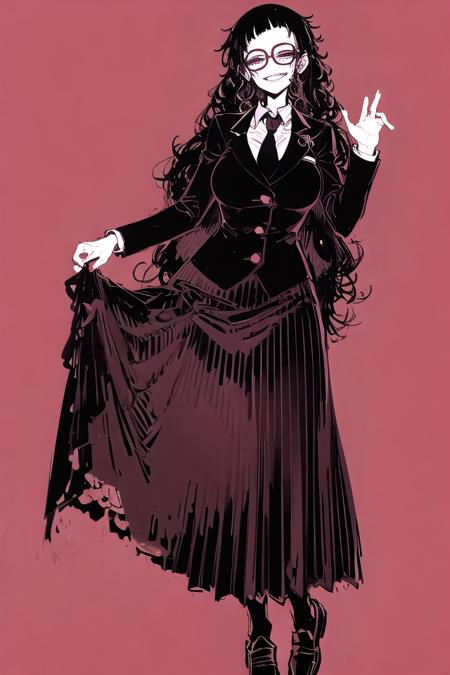 (masterpiece, best quality:1.2), 1girl, black blazer, necktie, black skirt, very long hair, wavy hair, (messy hair:1.2), short bangs, blunt bangs, pleated skirt, long skirt, full body, half-closed eyes, glasses, black hair, black eyes,
red background, simple background, spot color, large breasts, curvy, forehead, solo, smirk, loafers, [skirt lift:2]
<lora:houkago-10:1.2>