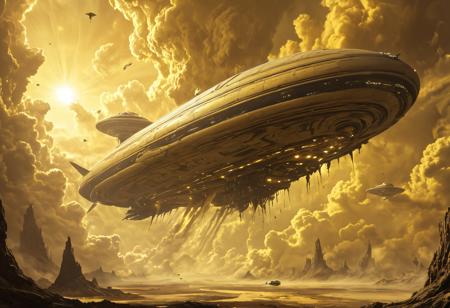 Deep inside the atmosphere of Saturn an enormous spaceship emerges from a towering bank of yellow and brown clouds. The sunlight filters through the thick atmosphere, bathing everying in a weird yellow sulfurous light.  Weird alien winged creatures and floating gas bag creatures flee the spaceship. The spaceship is in the style of Chris Fosse, stiped in black and yellow.
