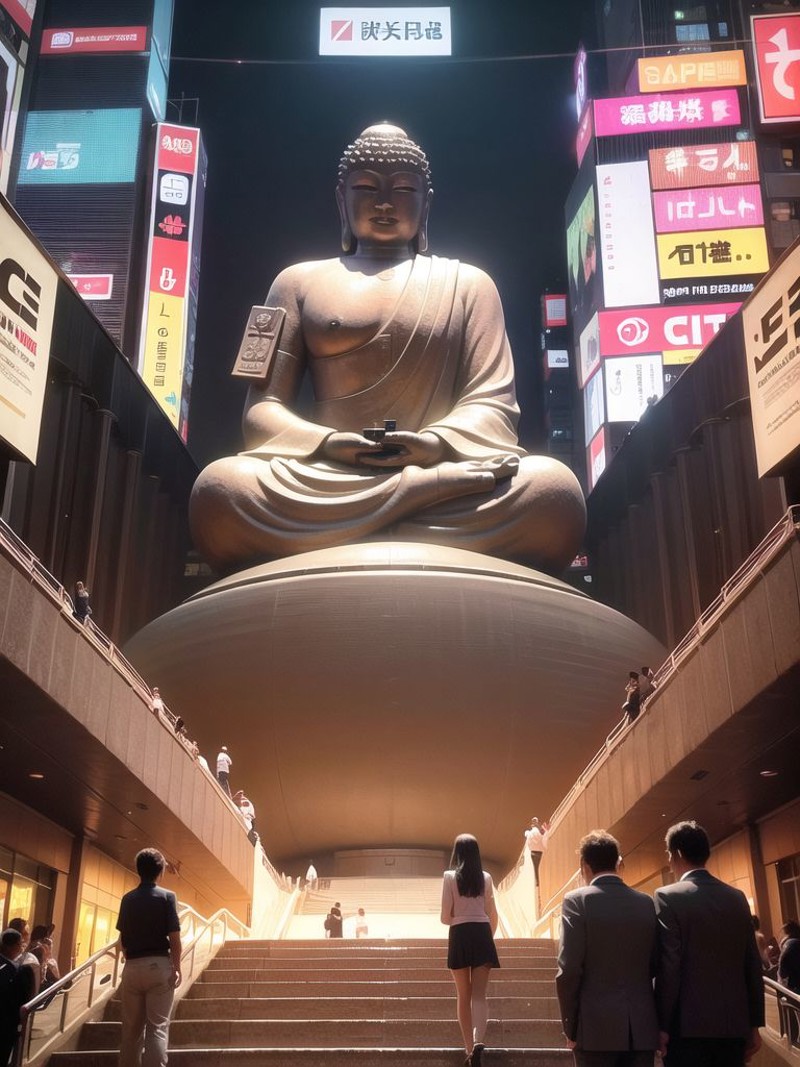 (super giant buddha statue meditating:1.2, <lora:zyd232_BuddhaStatue_v1.1:0.6>), (cyberpunk background:1.5), (photorealist...
