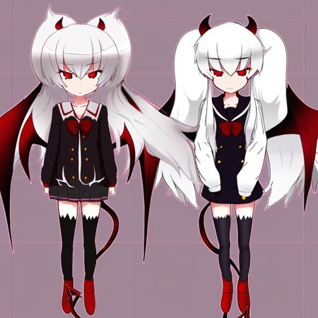 flat chest, dark red eyes, thick twintails,white hair, long hair demon horns,dark red horns,demon tail, demon wings, red tail, black school uniform,long sleeves,very short skirt,red footwear, black thighhighs,