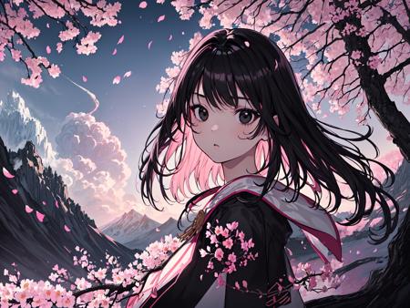 (best quality, masterpiece),(1girl, miko, coat, expression face, black eyes, looking at front ,black hair, walking, upper body), (night strray sky, huge old tree behind, falling glowing pink petals behind, shrine behind, mountain background, blowing wind, meteoric cloud)