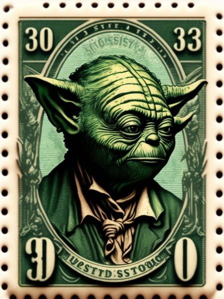 <lora:VintagePostageStamps:1>vintage United States Postage Stamp, 3 cent stamp, Master Yoda using the force, green ink, line engraving, intaglio