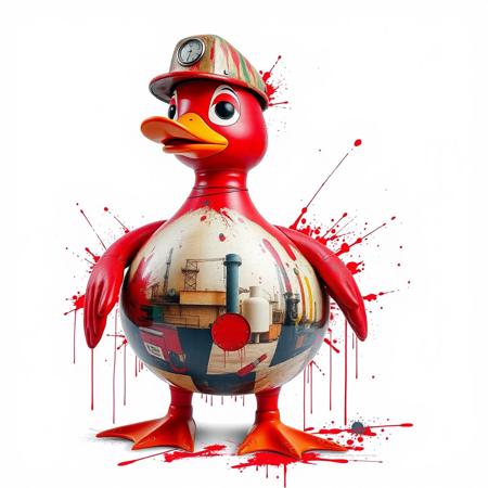 This image is a digital artwork that combines elements of abstract expressionism and industrial themes. The central figure is a windup duck toy . The toy duck attire is a combinaton of bright red pain and pictures of industry, with the The background is stark white, creating a high contrast that emphasizes the bright smooth textures of the ducks form. The image has a chaotic, dynamic feel, with splatters and drips of paint-like elements adding to the sense of movement and energy.  The artwork uses a combination of digital and traditional painting techniques to create a unique, impactful image.