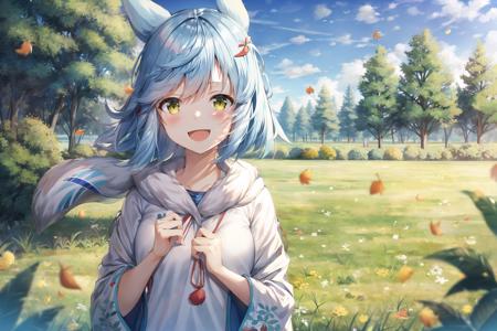 ((beautiful, masterpiece)), best quality, extremely detailed face, perfect lighting, 4k, 1girl, solo, fubukiAL, smile, blush, open mouth, fubuki_\(azur_lane\),  <lora:FubuLoraV1:0.9>, field, grass, blue sky, (wind), trees, falling leaves, foliage, twilight, evening, cowboy shot