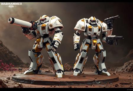 "A high-detail concept art scene from Warhammer 40k, featuring Super Armored Robot Armed Black Iron painted in striking white and gold. Positioned on a brown base against the Pressured Planet Wraitsoth, the robots stand ready for action. The left robot wields a large gun with its barrel pointed upward, while the right robot holds a smaller gun at the ready. The composition is dynamic, capturing a moment of anticipation with sharp lines, stunning colors, and impeccable balance. Rendered in hyper-realistic 3D with Octane Render, the scene showcases lifelike details, captivating lighting, and harmonious tones. Inspired by contemporary aesthetics and Grammer Effect Style, the image conveys vivid emotions and a powerful message. Trending on ArtStation, 4K, ultra-detailed, and impeccably composed."