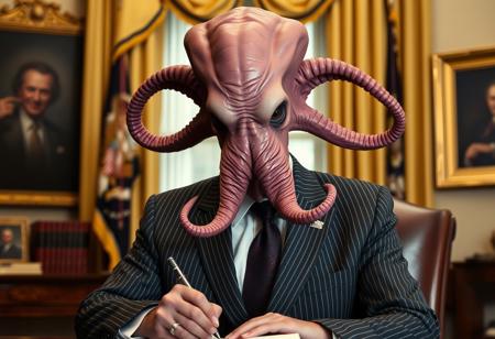 president cthulu in a sharp pin striped suit posing for presidential portrait in the oval office, real photograph, signing bill, ominous evil, empty eyes, lovecraftian