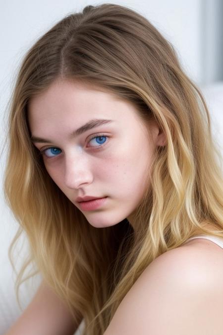 Youthful 20  year old woman sits slumped on a cot, her blonde hair disheveled and her vacant blue eyes staring blankly ahead.
Her features are exquisite - high cheekbones, plump lips, and a petite nose. However, her once vibrant complexion now appears dull and lifeless, drained of color and vitality. She has huge tits and puffy nipples. She has undergone complete bimbofication.