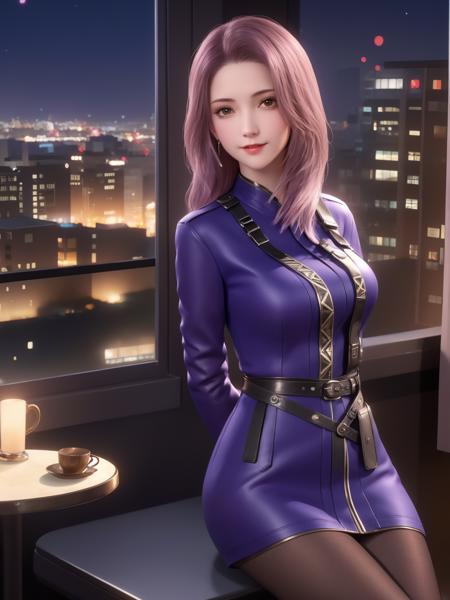 mature female,<lora:yunyouyou_20230629223251:0.75>,belt,pantyhose, arms behind back, cityscape,night,facial mark,sitting,chair,close-up, indoors,table,window,upper body,looking at viewer