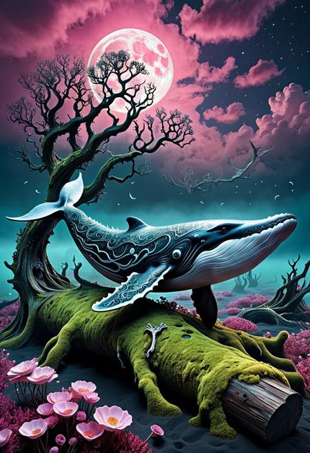 A graceful whale on pink clouds, petrified branches, standing in a moonlit clearing surrounded by bioluminescent flowers and decaying logs. Its body is adorned with patterns of moss and delicate, bone-like structures that glow faintly. The air is thick with ethereal mist, creating a haunting yet serene atmosphere. Organic Macabre aesthetic, ultra-detailed, cinematic composition, dark fantasy, organic and macabre balance.