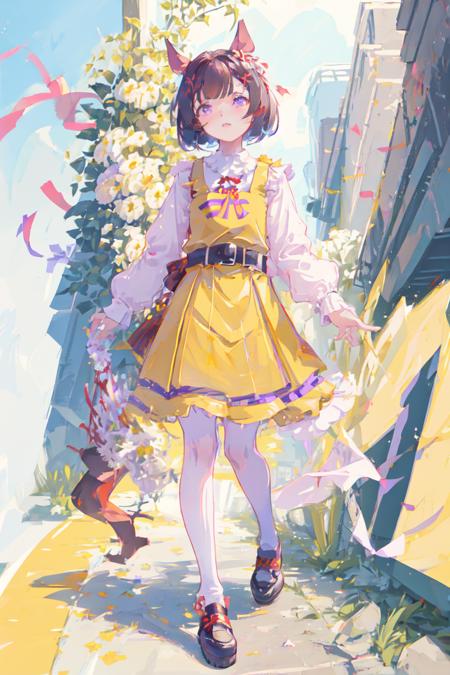 masterpiece, best quality, 
nishino flower \(umamusume\), 
buildings, holding flowers,
red ribbon, collared shirt, striped shirt, white shirt, long sleeves, pleated dress, yellow dress, pleated skirt, belt, black footwear, shoes,
 <lora:nishino_flower_locon:0.8>