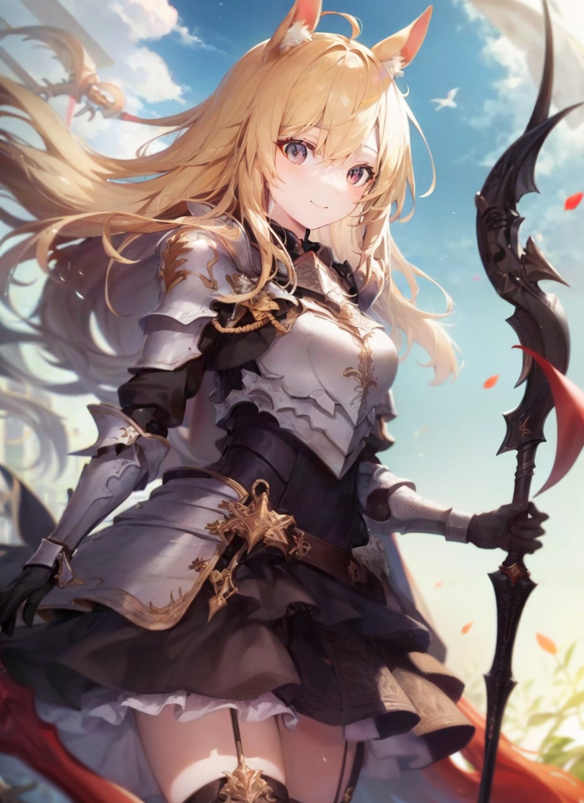 1girl, armor,horse ears,horse tail,blonde ,cape ,smile, extremely detailed, (spear:1.1)(masterpiece, best quality:1.2)<lor...