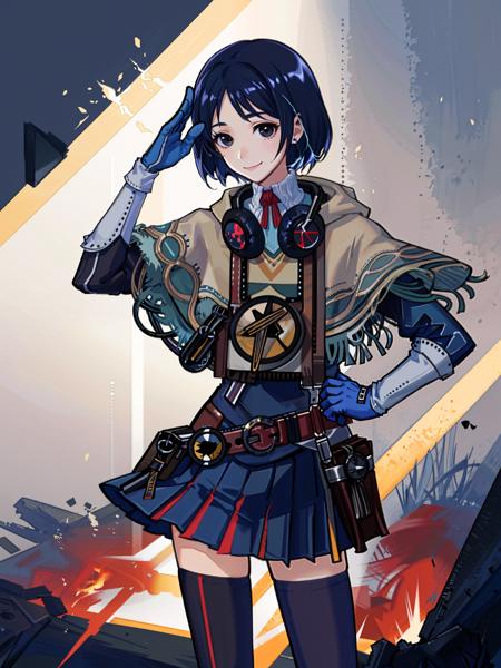 isara\(valkyrie\), 1girl, solo, poncho, gloves, fringe trim, short hair, uniform, salute, headphones, military, skirt, belt, military uniform, smile, black hair, capelet, blue hair, headphones around neck, zoom layer, fur trim, miniskirt, pouch, black eyes, pleated skirt, original, intricate detail, illustration, masterpiece, extremely detailed CG unity 8k wallpaper, highlight, sharpening, dynamic,  <lora:Isara:0.5>