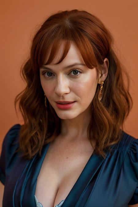 <lora:chr1sh3n:1>, Realistic photo of a beautiful chr1sh3n woman,  1girl, solo, long hair, breasts, looking at viewer, orange hair, simple background, cleavage, upper body, parted lips, lips, realistic, hands in pockets, soft lighting, professional Photography, Photorealistic, detailed, RAW, analog, sharp focus, 8k, HD, DSLR, high quality, Fujifilm XT3, film grain, award winning, masterpiece