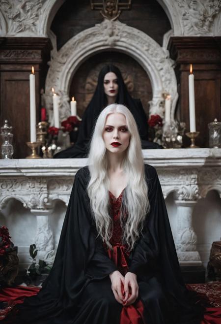 STRIKING DETAILS, FINE DETAILS.
A beautiful vampire woman with pale skin, long white hair and red eyes wearing black robes sitting on an altar in the style of Magali Villeneuve street photography