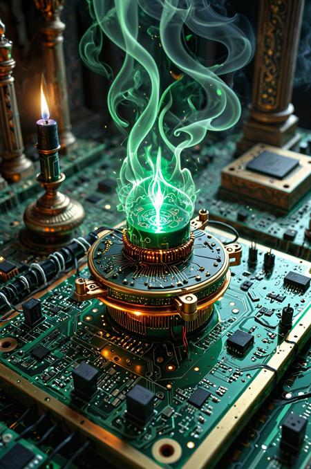 ancient magic lamp forged from circuit board fragments, glowing capacitor core, surrounded by green tech smoke, floating above a runed socket altar, mystical atmosphere. TzigoCBS SDXLposXL,