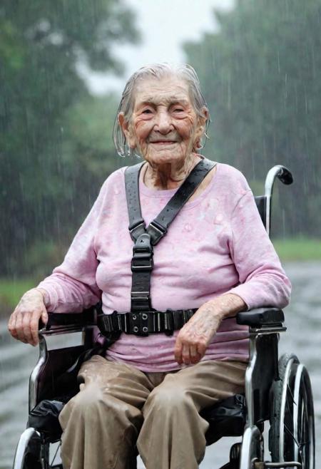 (( ((((obese 90 year old american woman with a lot of wrinkles)))) in a (((thickly padded wheelchair))) with a (((((heavy leather harness holding her in the wheelchair))))) (((dripping wet in the rain))) (8k) (high def) (masterpiece) (photorealistic) (render) (elderly) (smiling) (full body view) ))