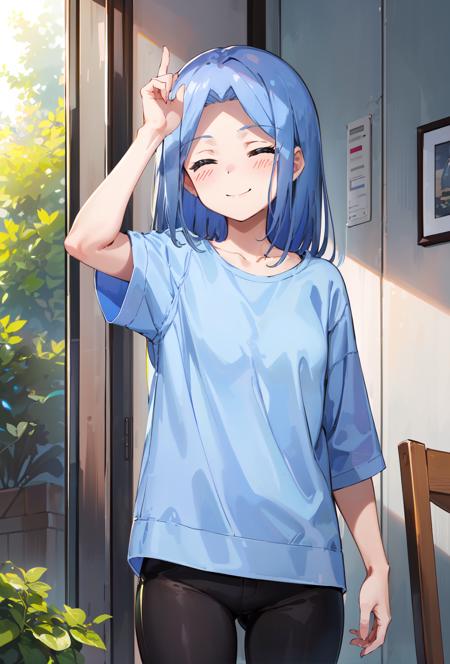 1girl, aya, solo, happy, closed mouth, shirt blue, <lora:aya-000002:0.85>