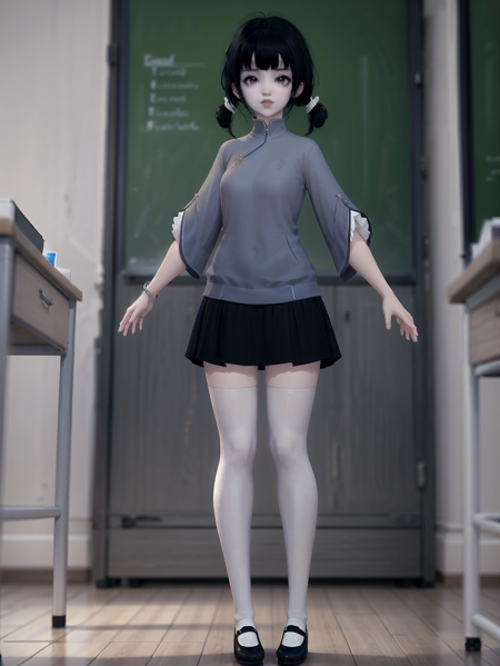 (best quality),((masterpiece)),
1girl,<lora:[衣服]-[莫等闲-天刀少女]TDSVmdx-v2:0.75>,TDSVmdx,age regression,short black skirt,white_thighhighs,black shoes,(full body:1.5),(looking at viewer:1.2),in the classroom,
