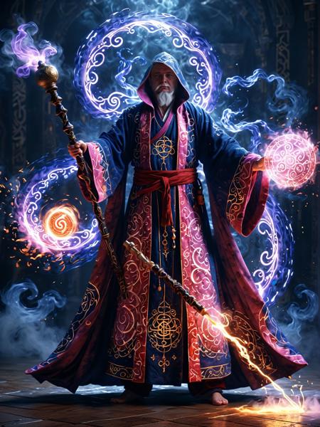 A Archmage man ,1man, surrounded by swirling indigo magical energy, glowing arcane glyphs rotating and circulating around him, wearing an elaborate magical robe with golden embroidery and deep crimson-red patterns,  holding a gigantic enchanted mace crackling with red-hot magical power, dramatic pose in mid-cast, soft pink and violet ambient lighting blending with dark indigo aura, cinematic depth, hyper-detailed facial expression with a slight blush, volumetric fog and particle effects, 8K HDR masterpiece, ultra-photorealistic fantasy art style,  <lora:sdxl_lightning_8step_lora:1.0>