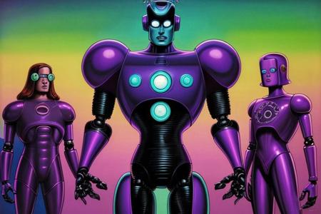 a cartoon a n llustration, a robot standing, Robbie the Robot, robot parts moving, 1970s comic book art, promo photograph, Forbidden Planet background, asymetrical unnatural beauty, Fantastic Planet style, purple green and cyan gradients colors, strong black contourns, sharpborder,