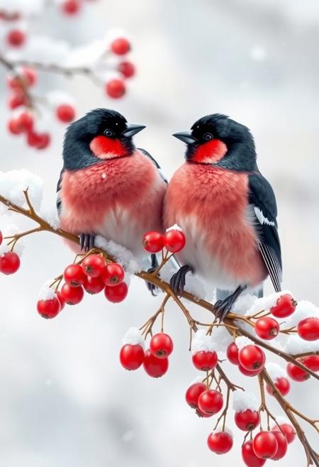 The image depicts a pair of Eurasian Bullfinches perched on a snowy branch laden with bright red berries. The birds, with their striking black caps, pink bodies, and white wing bars, stand out against the wintery backdrop. The artist has captured the delicate details of the snow-covered berries and the birds' fluffy feathers, creating a sense of tranquility and beauty in the midst of the cold season.