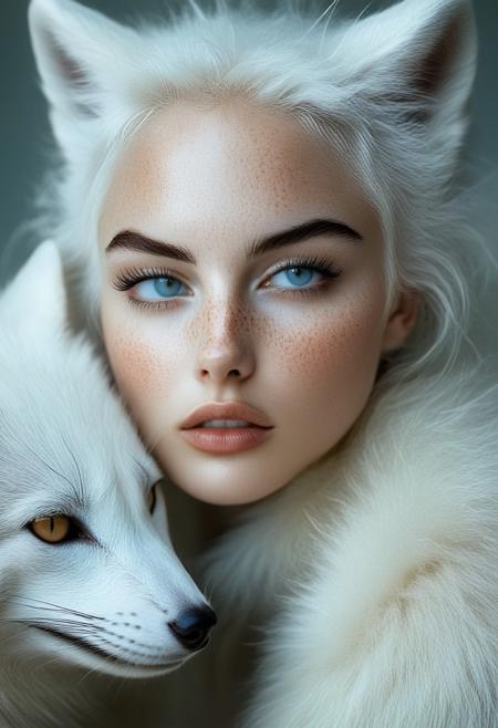 The image is a hyper-realistic digital artwork created in a photorealistic style, focusing on a close-up portrait of a young woman with striking, ethereal features. She has pale, almost translucent skin with a subtle, delicate scattering of freckles across her cheeks and nose. Her piercing, almond-shaped eyes are a striking light blue, almost glowing in the soft, ethereal lighting. Her hair is platinum blonde and wild, cascading over her face and shoulders, blending into the white fur of a large, mystical-looking white fox that wraps around her face and neck.rockabilly style, realistic, 1girl, looking at viewer, wolf, slit pupils, animal, close-up, solo, white hair, portrait, 1950's